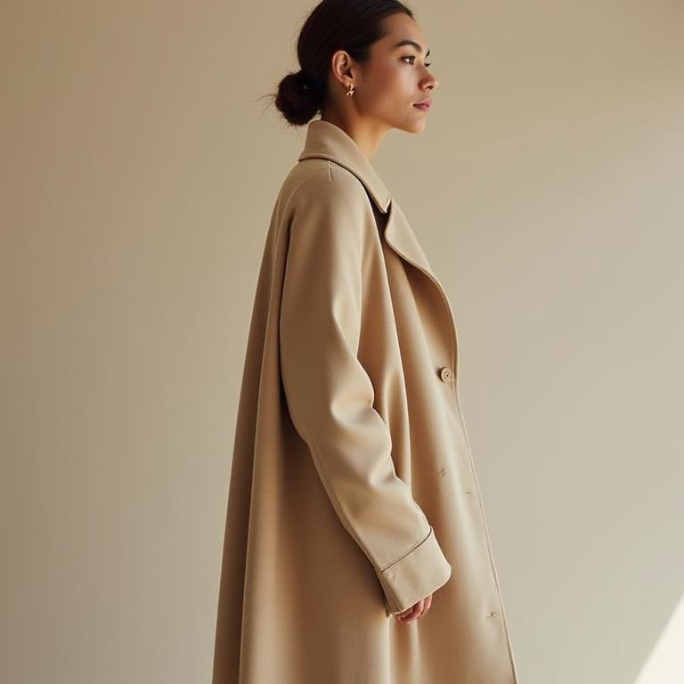 Model wearing the overcoat from a side angle.