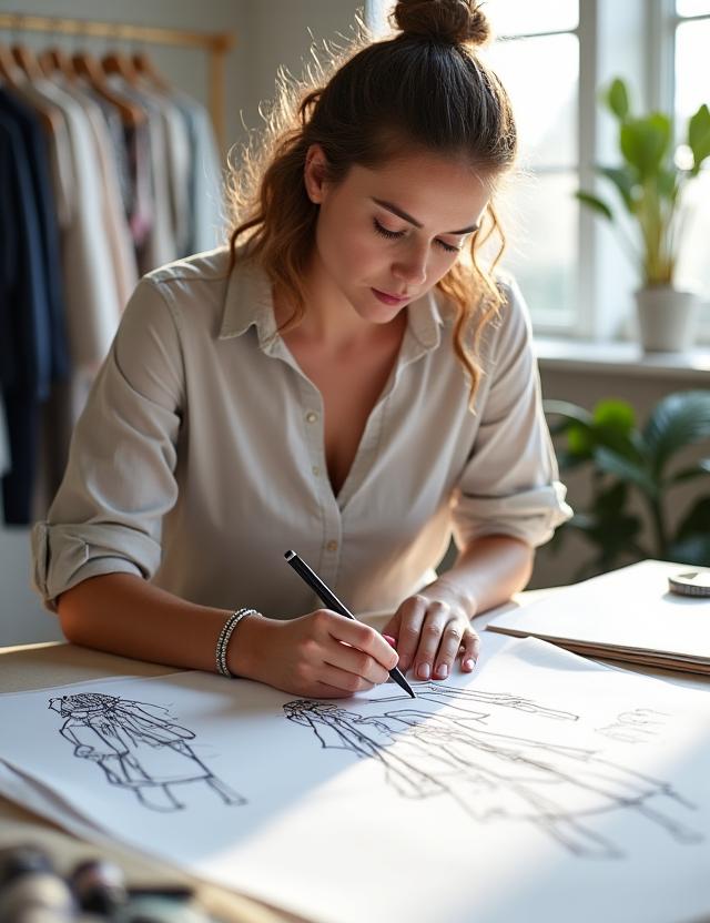 A designer sketching new clothing designs in a bright studio.